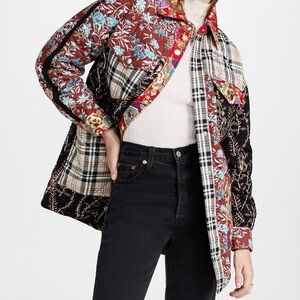 AVEC LES FILLES Patchwork Quilted Shirt Jacket Red Black Multi XS NWT